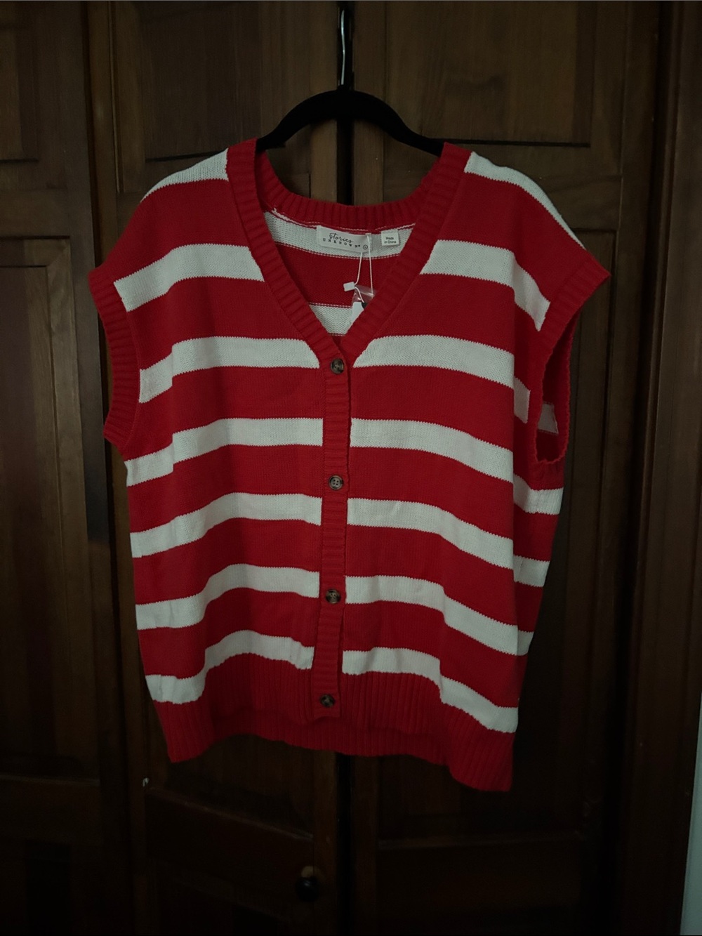 Red & White Striped V-Neck Button Front Sweater Vest